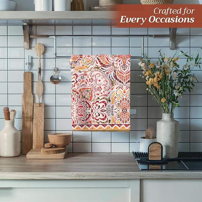 Maison d' Hermine Kitchen Towels Set of 3 100% Cotton 20" x 27.5" Reusable Cloth Tea Dish Towels Absorbent with Hanging Loop for Kitchen Dining Thanksgiving Christmas Decorations (Damask)