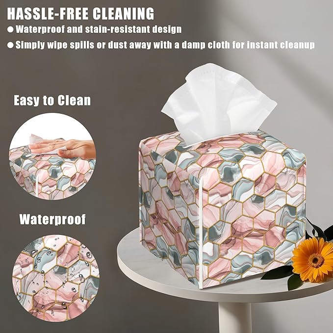 BLYKVGHQ Abstract Geometric Square Tissue Box Cover Pink and Gray Hexagon Tissue Box Holder Facial Cube Paper Dispenser Leather Decorative Organizer Home Office Desk Decor, 5.2"x5.2"x5.2"