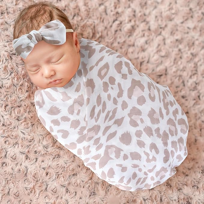LifeTree Baby Muslin Swaddle Blankets Girl Newborn Receiving Blanket with Headband Bow Set Baby Blush Leopard Print Nursery Swaddle Wrap