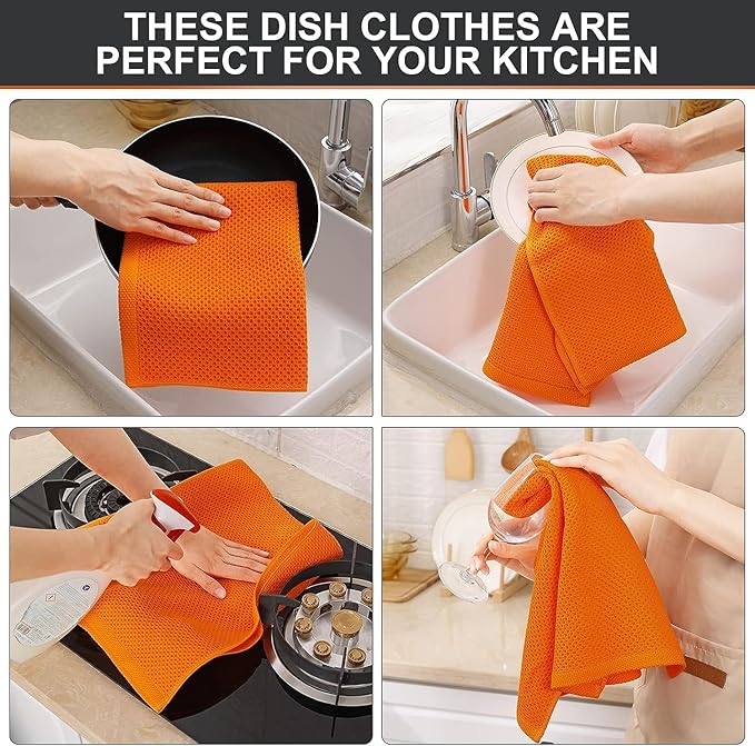 Kitinjoy 100% Cotton Waffle Weave Kitchen Towels, 8-Pack Super Soft and Absorbent Dish Towels for Drying Dishes, Kitchen Hand Towels, 13 in x 28 in, Orange