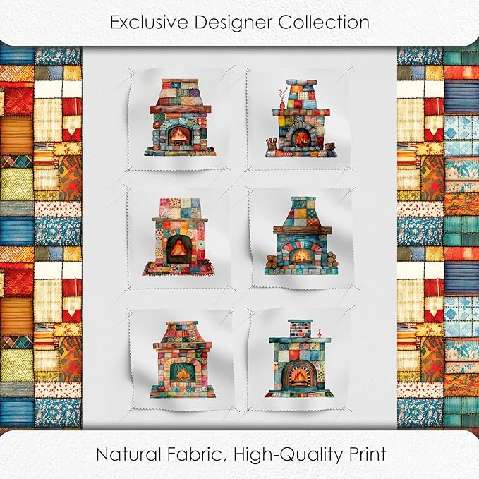 Patchwork Fireplace Cotton Fabric Panel – 6 Designs (10×10 inch Each) + Bonus Sheet 29.5×19.6 inch, 100% Cotton 140 GSM, Made in Türkiye