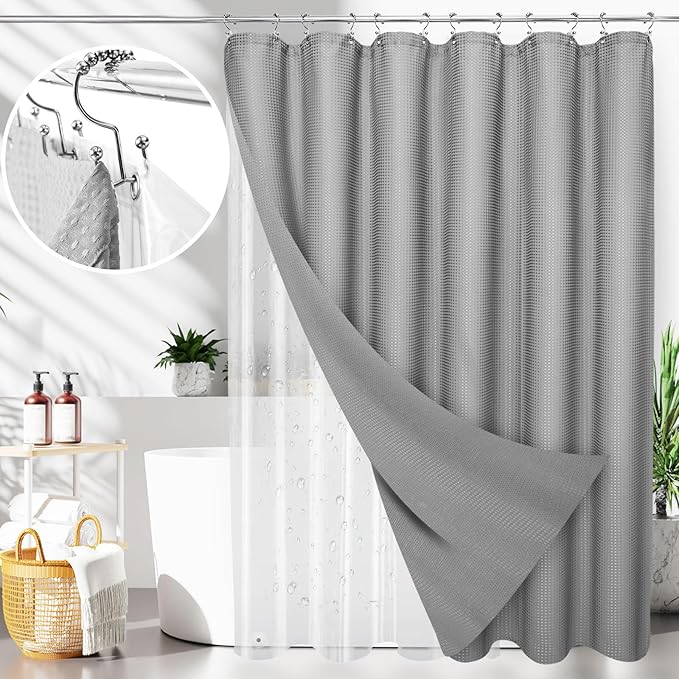 LaCyan 3-in-1 Waterproof Waffle Weave Shower Curtain Set 72x72, 258GSM Heavy Duty Fabric with Clear PEVA Liner (3 Magnets) & 12 Stainless Steel Double Hooks, Hotel Style Bathroom Upgrad
