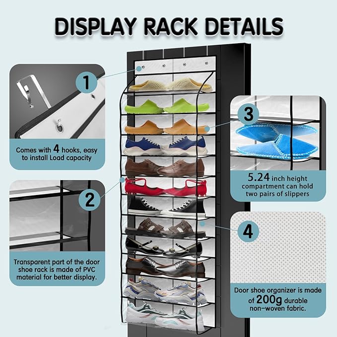 Kotkn Over The Door Shoe Organizer with 12 Large Breathable Pockets - Durable Hanging Storage for the Entire Family's Shoes - White