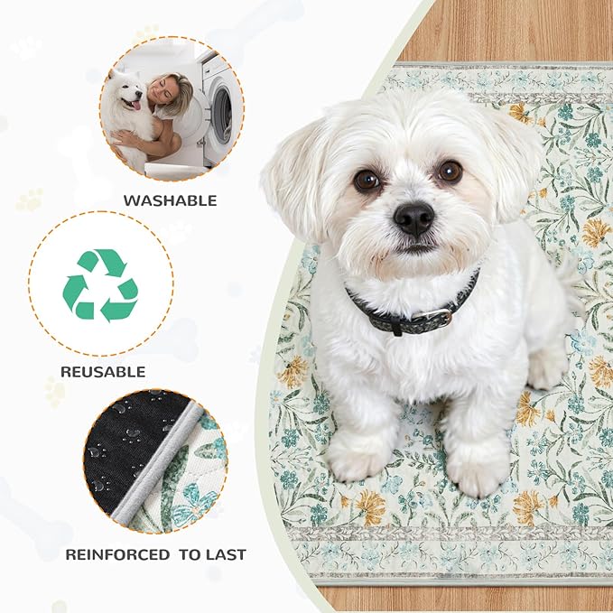 Lahome Washable Reusable Pee Pads for Dogs - Beige Botanical Floral 2 Pack Puppy Pads, Super Absorbent & Waterproof Training Mats for Crate & Floor - Leakproof with Non-Slip Backing (24"x24")