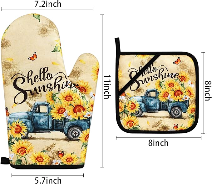 Sunflower Oven Mitts and Pot Holders Sets Vintage Floral Oven Gloves Heat Resistant 4 Pcs Farmhouse Decorative Kitchen Hot Pads and Mitts for Baking Cooking Grilling