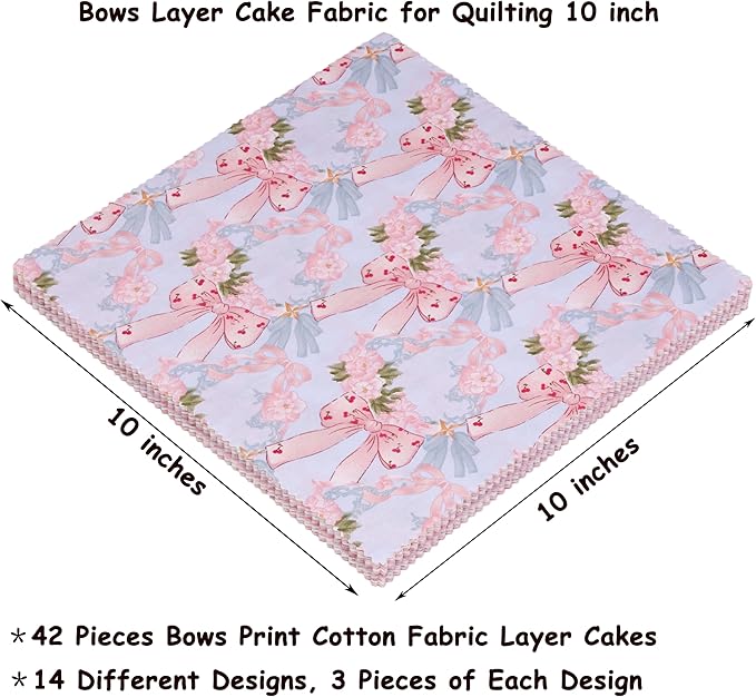 Hanjunzhao Valentines Pink Blue Bow Cotton Fabric Squares 10x10, 42Pcs Layer Cake Fabric for Quilting 10 inch, Layer Cakes 10 inch Squares for Quilting, DIY Bowknot, Gift Wrapping, Party Decor, Bows