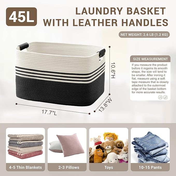 SunNewt 45L Small Laundry Basket with Leather Handles for Living Room Storage, Woven Rope Baskets Bin for Blanket, Kids Toy, Gifts, Wicker Hamper for Bedroom Dirty Clothes, 18"x14"x11" White Black
