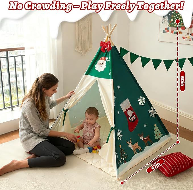 Duwenem Teepee Tent for Kids, Play Tent with Padded Mat & Star Lights, Indoor Play Tent for Girls & Boys (Christmas Teepee, 47 * 47 * 60in)