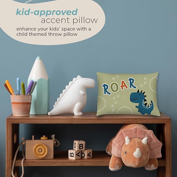 Kids Dinosaur Throw Pillow - 14" x 20" - Double-Sided Printing - Cover Only - Kids Bedroom Accent Pillow - Nursery Decor - Printed in USA