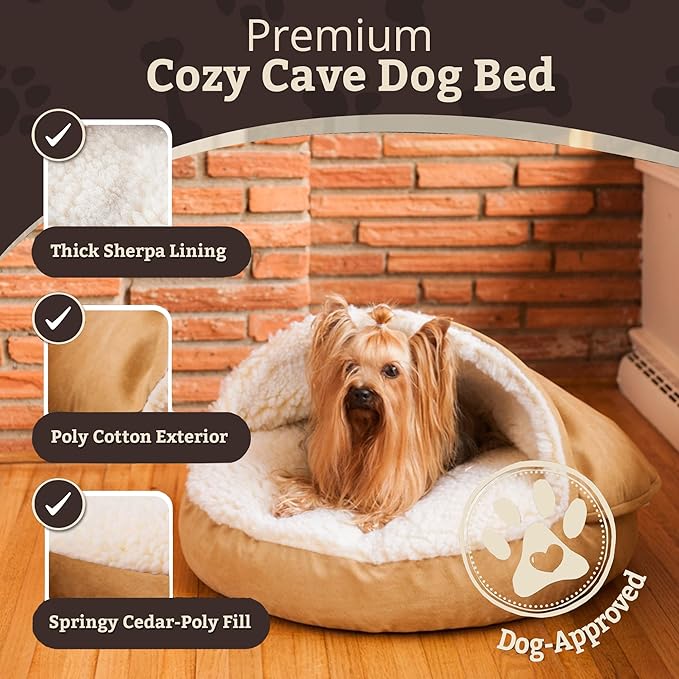 Snoozer Cozy Cave Dog Bed - Indoor Dog Bed with Cover Cave, Covered Calming Burrow for Small & Medium Sized Pets with Blanket Attached, Enclosed, Removable Washable Cover - Large, Camel