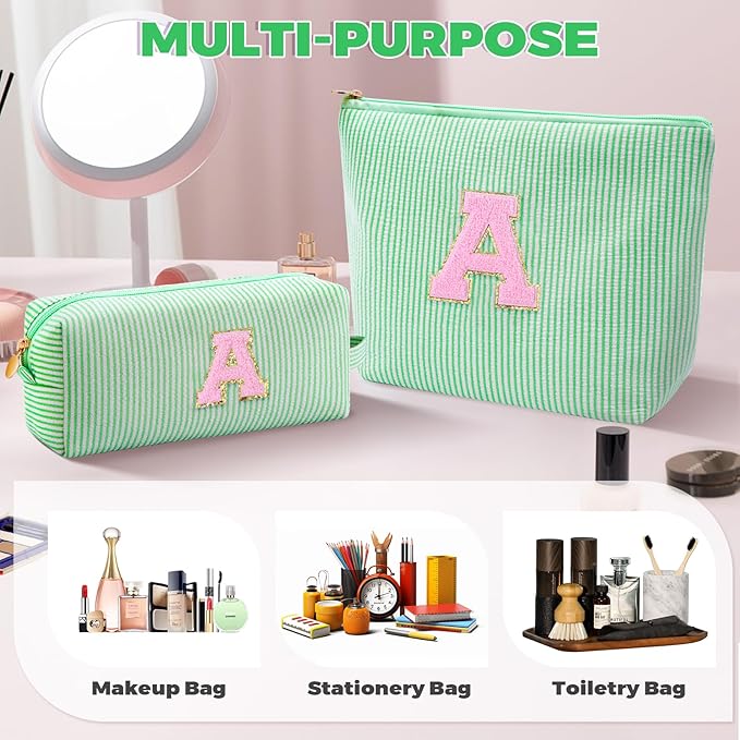 Btffitting Makeup Bag Set Initials Cosmetic Bag,Gifts for 10 11 12 13 14 15 16 17 18 Years Old Girl Girlfriend Teen Girls Gift Trendy Stuff Personalized Toiletry Bag Travel - Green,A