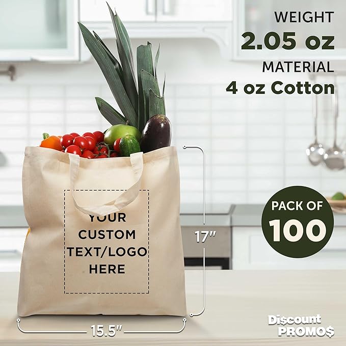 DISCOUNT PROMOS Custom Cotton Tote Bags (Set of 100) - Personalized, Reusable & Eco-Friendly - Perfect for Grocery, Promotions, Branding - Natural Color, 14.5"X16.75", 4 OZ Cotton