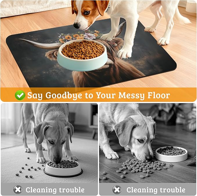 Highland Cow Feeding Mat, Absorbent Quick-Dry Cat Dog Food and Water Bowl Mats,Non-Slip Rubber Backing Mat,Cat Dog Accessories Supplies 12" x 20"