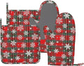 Christmas Plaid Snowflake Oven Mitts and Pot Holders Set, 4pcs Red and Green Checkered Silicone Oven Glove for Kitchen Heat Resistant Buffalo Plaid Oven Mitts and Potholders Non-Slip for BBQ