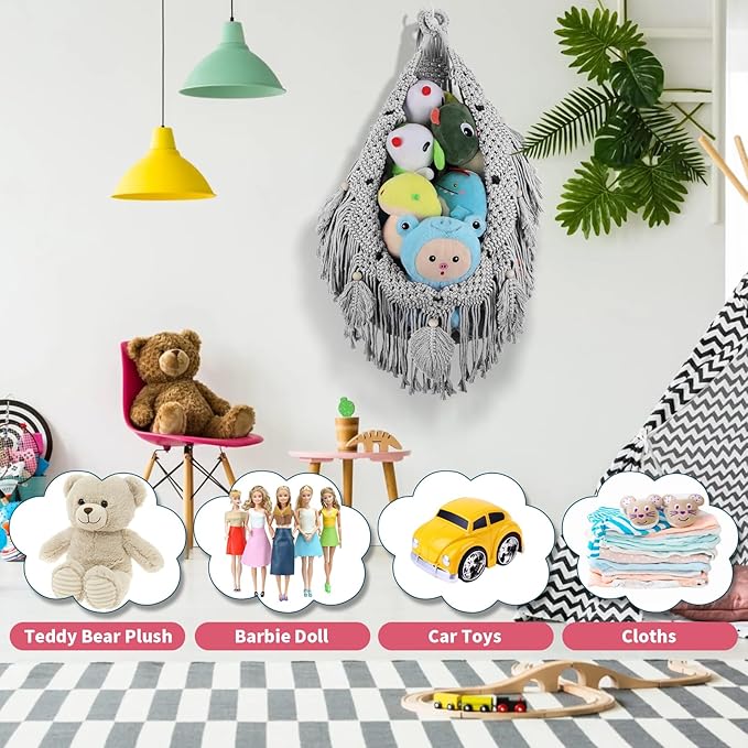 Stuffed Animal Hammock Corner - 56'' Jumbo Handcrafted 5mm Double Macrame Cord Toy Hammock Holder - 100% Natural Cotton Stuffed Animal Storage Net - Gray Stuffy Plushie Net w/LED Star Light