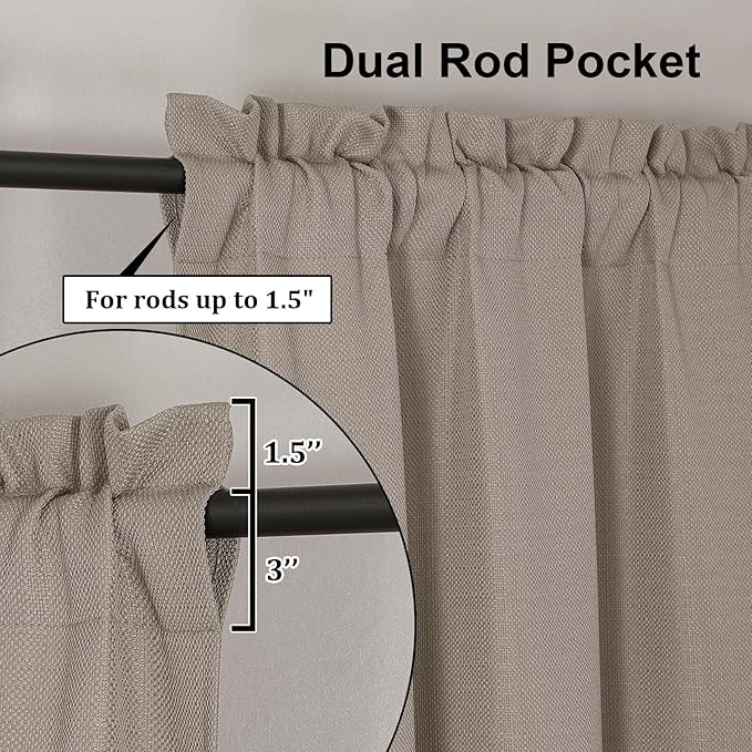 Lecloud Bessie Stone Short Curtains 45 Inch Length 2 Panels, Faux Linen Light Filtering Curtains with Dual Rod Pocket, Farmhouse Small Window Curtain for Bedroom Living Room, Each 30 W x 45 L