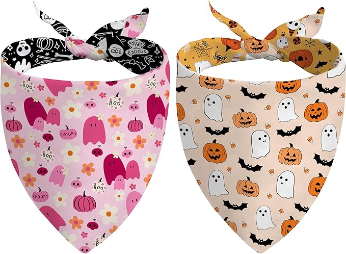 Halloween Dog Bandanas Reversible 2 Pack, Cute Pumpkin Ghost Bat Halloween Pet Bandanas for Dogs Set Adjustable Triangle Holiday Scarves for Medium Large Extra Large Boy Girl Dogs