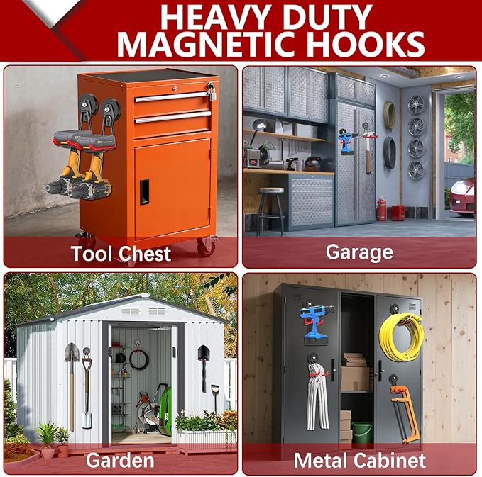 3-H Heavy Duty Magnet Garage Hooks 4 Pack, Extra Large Strong Magnetic Hooks for Hanging Cordless Power Drill, Utility Magnetic Tool Holder for Metal Cabinet, Steel Pegboard, Toolbox, Garage(Red)