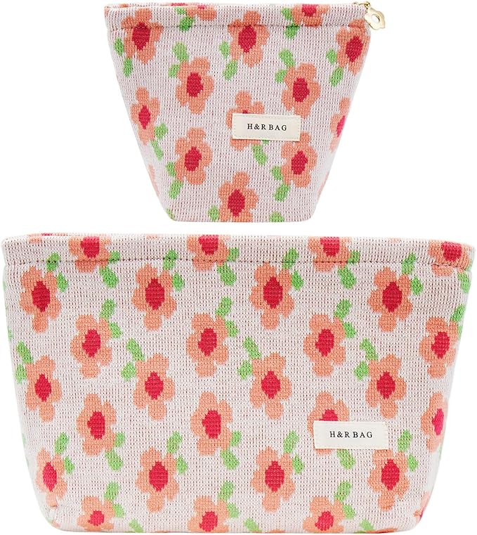 getgto 2 Pcs Makeup Bags, Large Cosmetic Bag Travel Toiletry Bag Organizer for Women, Embroidery Craft, Floral Makeup Bag Small Cosmetic Pouch Purse with Zipper Gifts for Girls Teen