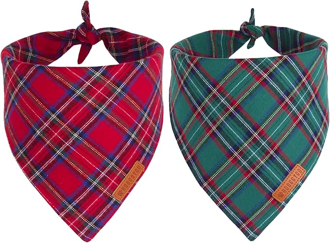ADOGGYGO Christmas Dog Bandana 2 Pack, Stylish Plaid Pet Scarf, Premium Cotton Fabric, Multiple Sizes Offered, Christmas Bandanas for Large X-Large Dogs Pets (X-Large)