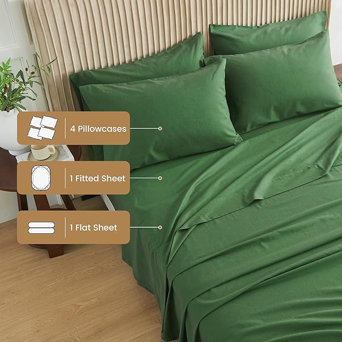 Simple&Opulence Belgian Linen Sheet Set Solid Color - 6 Pieces (1 Flat Sheet & 1 Fitted Sheet & 4 Pillowcases) 16" Deep Pocket Natural Flax Cotton Blended Soft Bedding - Forest Green, Queen Size