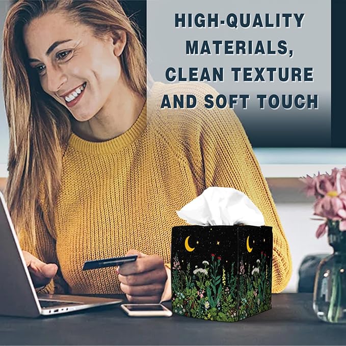 Tissue Box Cover Square Decorative Tissue Box Holder Cute Funny Cube Tissue Case Cover-Wildflowers Tissue Box Cover