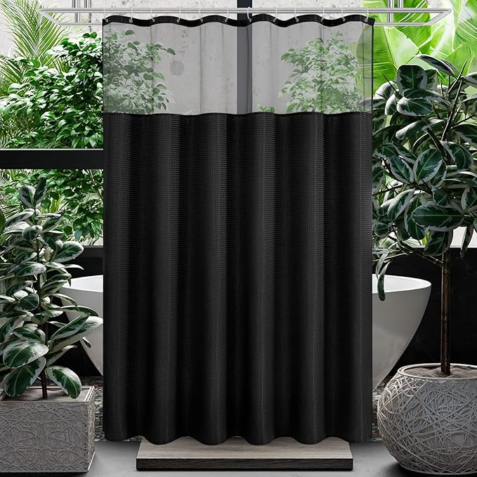 Gibelle Extra Long Shower Curtain 72 x 84, Waffle Weave Fabric Shower Curtain with Mesh Top Window and Hooks Set, Hotel Style Bathroom Design, Black