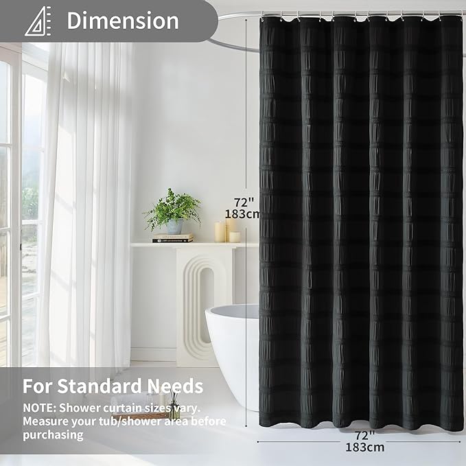 Lameirose Black Shower Curtain Boho, Cotton Blend Waffle Shower Curtain Chic Textured Fabric Shower Curtains for Bathroom, 72 x 72