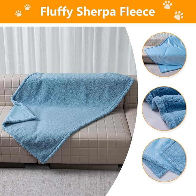 Maidewow Waterproof Pet Blanket for Dogs Jacquard Fleece Blankets for Bed Cover Reversible Blue Fluffy Puppy Blankets Leakproof Sofa Couch Washable Cover Cat Doggie Blanket for Warm-Lake Blue,L