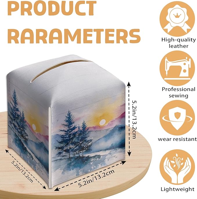 Winter Pine Tree Tissue Box Holder, Winter Forest Landscape Leather Tissue Box Cover Square, Paper Facial Decorative Tissues Cover for Night Stands Bathroom Kitchen Office Home Decor-B22