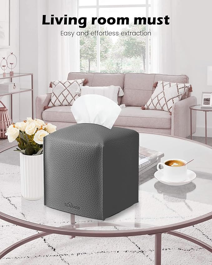 Tclouda Tissue Box Cover for PU Leather, Modern Simple Solid Color Holder Square Tissue Bag, Ideal for Bathrooms,Office,Car,Outdoor Tent,Dining Table,5"X5"X5", Double Charcoal