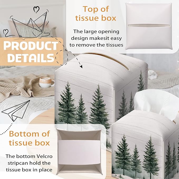 Winter Pine Tree Tissue Box Holder, Christmas Tree Leather Tissue Box Cover Square with Bottom Belt, Paper Facial Decorative Tissues Cover for Night Stands Bathroom Kitchen Office Home Decor-B21