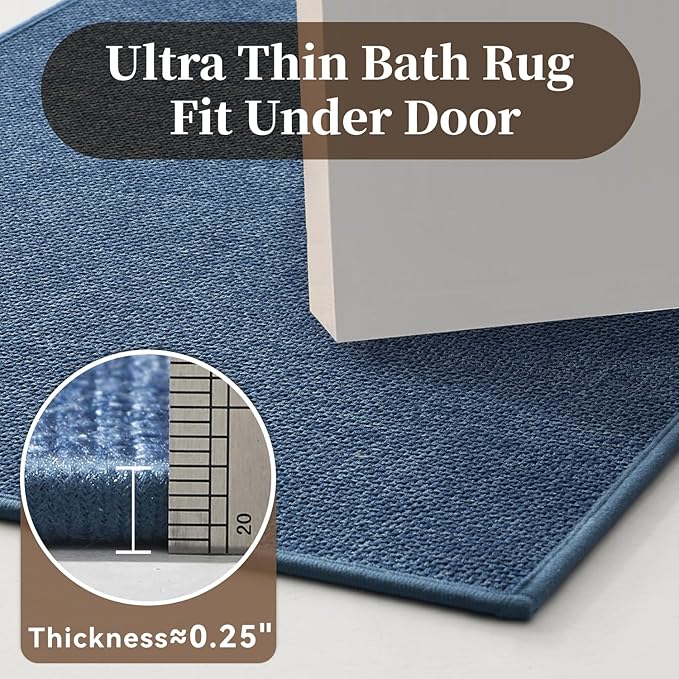 MontVoo Bath Mat Rug-Ultra Thin Non Slip Bath Mats for Bathroom Mat Quick Dry, Rubber Backing Washable Bathroom Rugs Fit Under Door, Absorbent Bath Rugs for Floor,20"x32",Blue