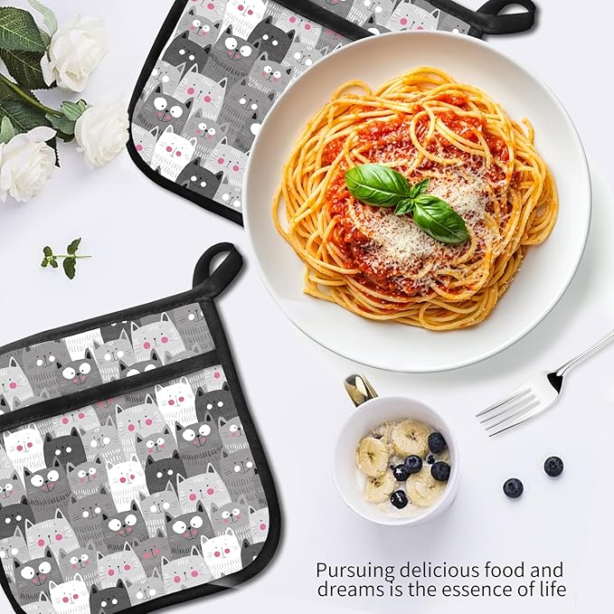 2 Pack Pot Holders for Kitchen Clearance, Cute Hot Pads, Funny Oven Pot Holders, Potholders Sets for Kitchen Heat Resistant Grey Cute Cats