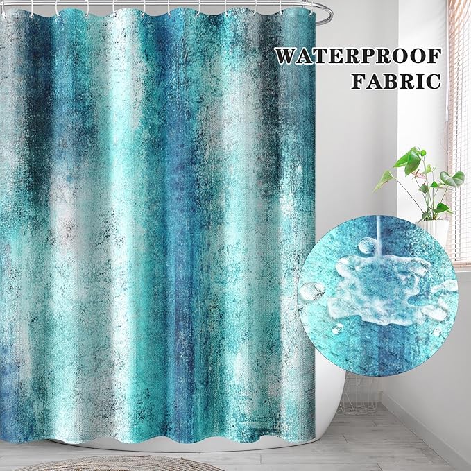 Culudea Turquoise Teal Grey Gray Waffle Textured Cloth Shower Curtain Set, Painting Abstract Modern Art Bathroom Window Waterproof Shower Curtains for Bathroom Decor
