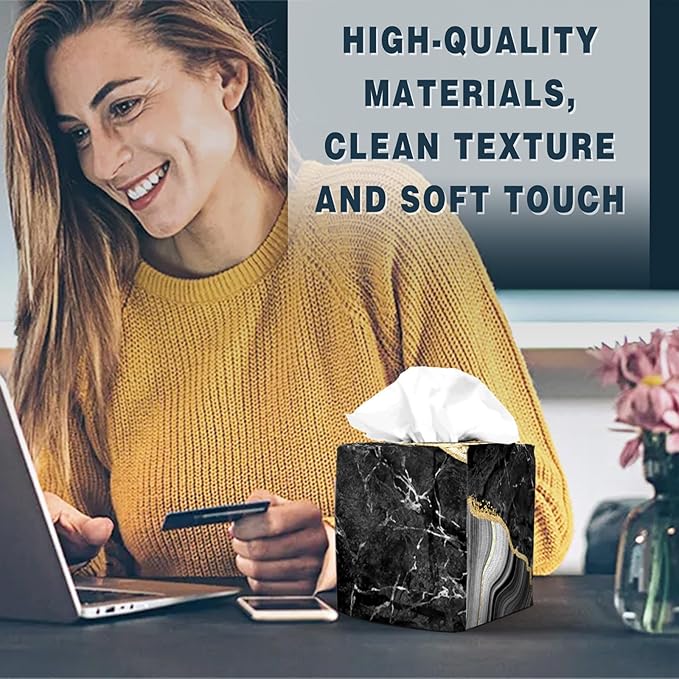 Tissue Box Cover Square Decorative Tissue Box Holder Cute Funny Cube Tissue Case Cover-Black Marble Tissue Box Cover