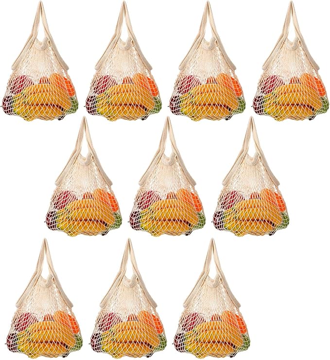 Lemecima 10 Pieces Reusable Mesh Grocery Bags Portable Cotton Produce Containers Washable Net Mesh Reusable Tote Bag with Handle String Shopping Organizer for Fruit Vegetable Shopping Storage Market