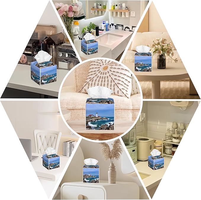 BLYKVGHQ Leather Tissue Box Holder Seaside Lighthouse Tissue Box Cover Facial Paper Case Organizer Cube Napkin Dispenser for Bathroom Vanity Countertop Night Stand Office Car