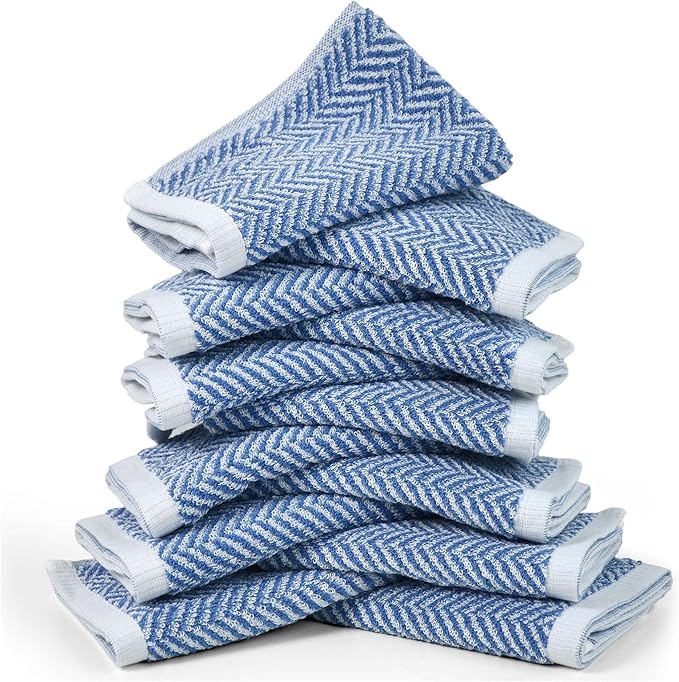 Cleanbear Wash Cloths for Your Face and Body, 12 Washcloths for Showering with Decorative Herringbone Stripes, 100% Cotton, Light Blue, 13 x 13 Inches
