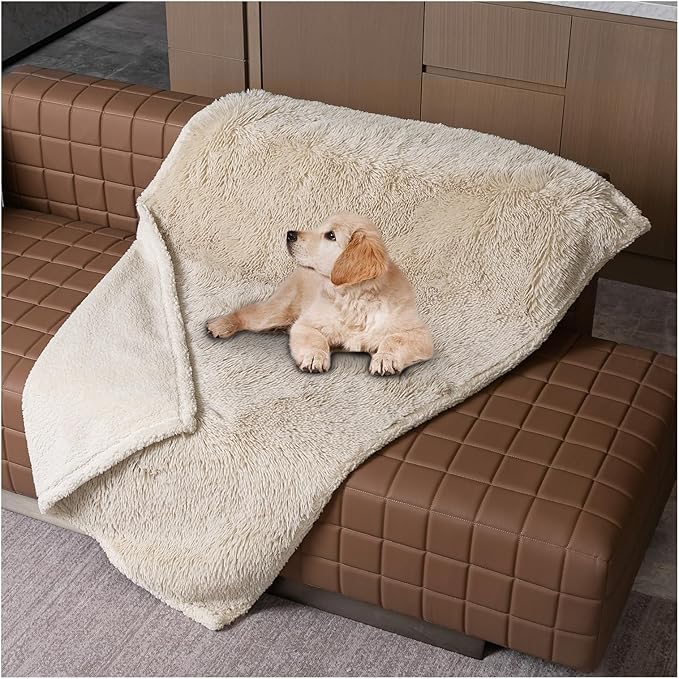 Wowchine Waterproof Cream Calming Dog Blanket Beige Fluffy Long Faux Fur Pet Throw Blankets for Cats Puppy Couch Sofa Covers Washable Love Bed Cover(Beige,M-57x40in)