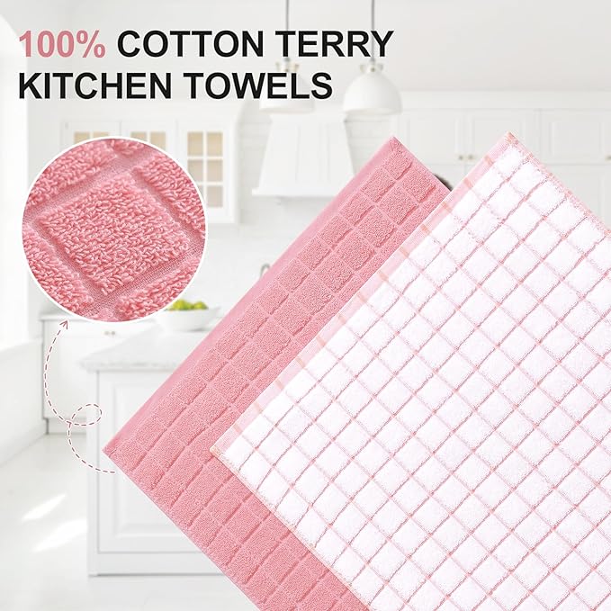 Homaxy Premium Cotton Kitchen Towels 16"x 28", Large Natural Ring Spun 390 GSM Dish Towels, Super Absorbent Terry Kitchen Hand Towels, Soft Tea Towels with Hanging Loop, Pink Check Design, 8 Pack