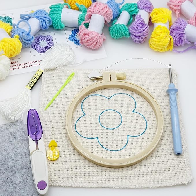 Allazone Punch Needle Coasters Kit, 6 PCS Flower Embroidery Punch Needle Kits, Punch Embroidery Kit with Felt Yarns Hoop Tools for DIY Crafts