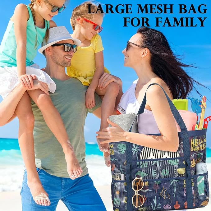 Fammart Mesh Beach Bag, Large Beach Tote with Zipper Pocket for Family Pool Bag for Toys & Vacation Essentials