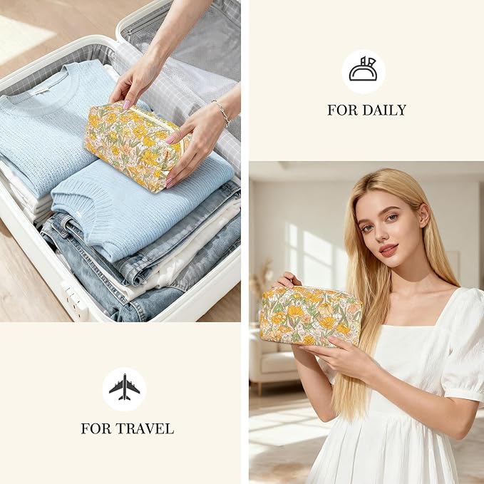 STARDW Cute Quilted Floral Makeup Bag for Women, Large Capacity Travel Toiletry Bag with Zipper and Canvas Lining