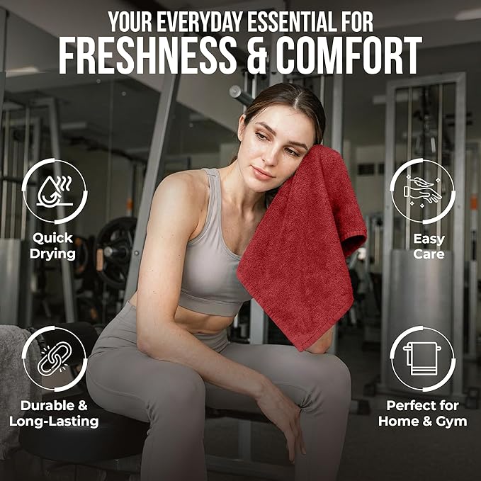 RIVERSIDE 24 Pack Washcloths Set - 100% Cotton [12x12 Inches] - 500 GSM, Soft, Quick-Dry & Highly Absorbent Face Towels - Perfect for Bathroom, Gym, Hotel, Spa & Travel - Red