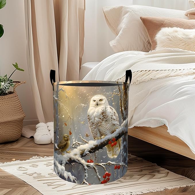 ainori Bird Owl Laundry Basket, Oxford Cloth Nature Elegant Dirty Clothes Collapsible Hamper for Room Decor, Winter Forest and Berry Print Gifts Toy Organizer 19.7*15.8 Inch for Bedroom Bathroom Dorm