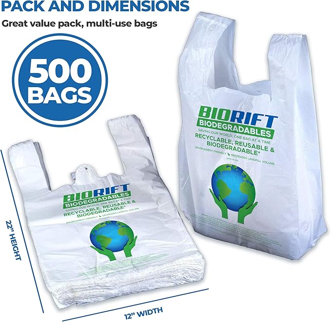Biodegradable Thank You Bags | 500 Count - Bulk | Extra Thick, Strong, Recyclable, & Reusable | 100% Biodegradable Shopping Bags, Grocery/Restaurant/Supermarket | 12” x 6.5” x 22” | Made in USA