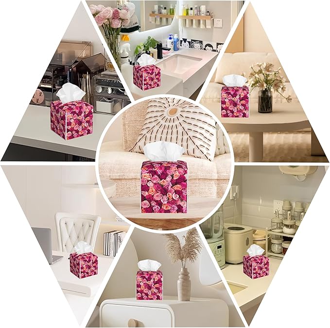 BLYKVGHQ Square Tissue Box Cover Pink and Orange Roses Tissue Box Holder Facial Cube Paper Dispenser Leather Decorative Organizer Home Office Desk Decor, 5.2"x5.2"x5.2"