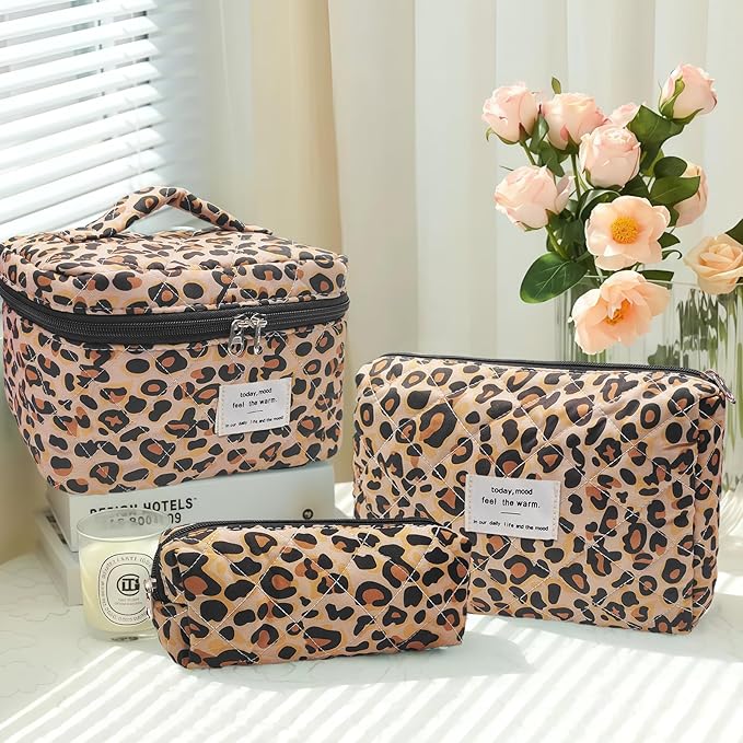 Cozomga Quilted Makeup Bag, Large Capacity Travel Cosmetic Bag for Women and Girls, Aesthetic Storage for Daily and Travel Use (3pcs-Classicleopard)