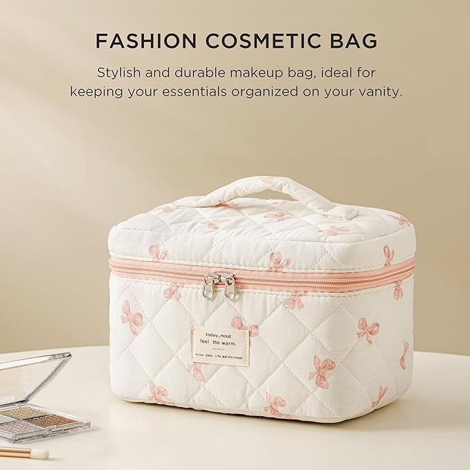 HBselect Christmas Gifts Large Quilted Makeup Bag, Cute Cotton Travel Makeup Bag with Handle, Portable Coquette Floral Make up Bags, Toiletry Organizer Make up Bags for Women Teen Girls Mom